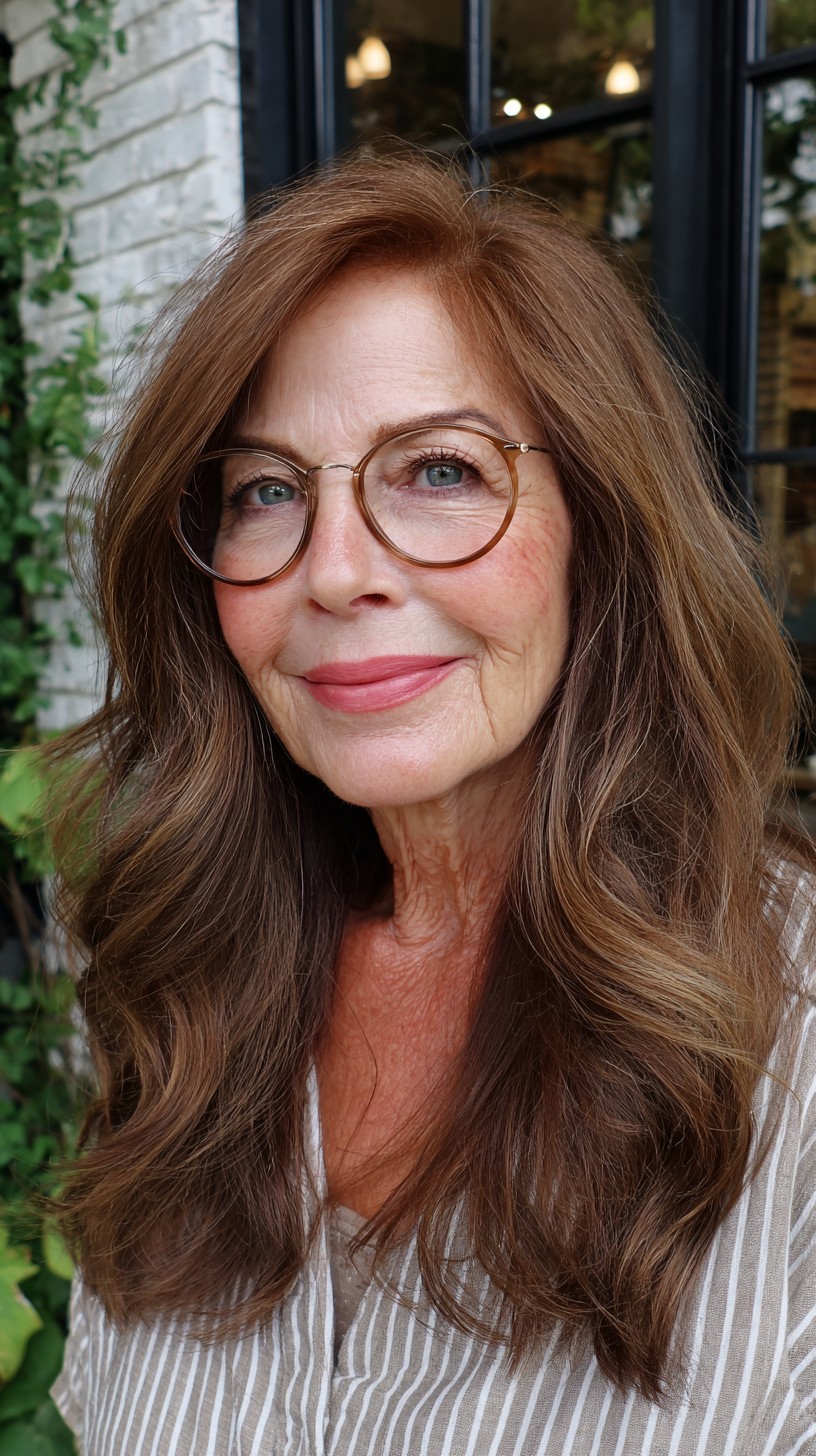 Long Chestnut Face-Framing Layers with Soft Waves and Round Glasses