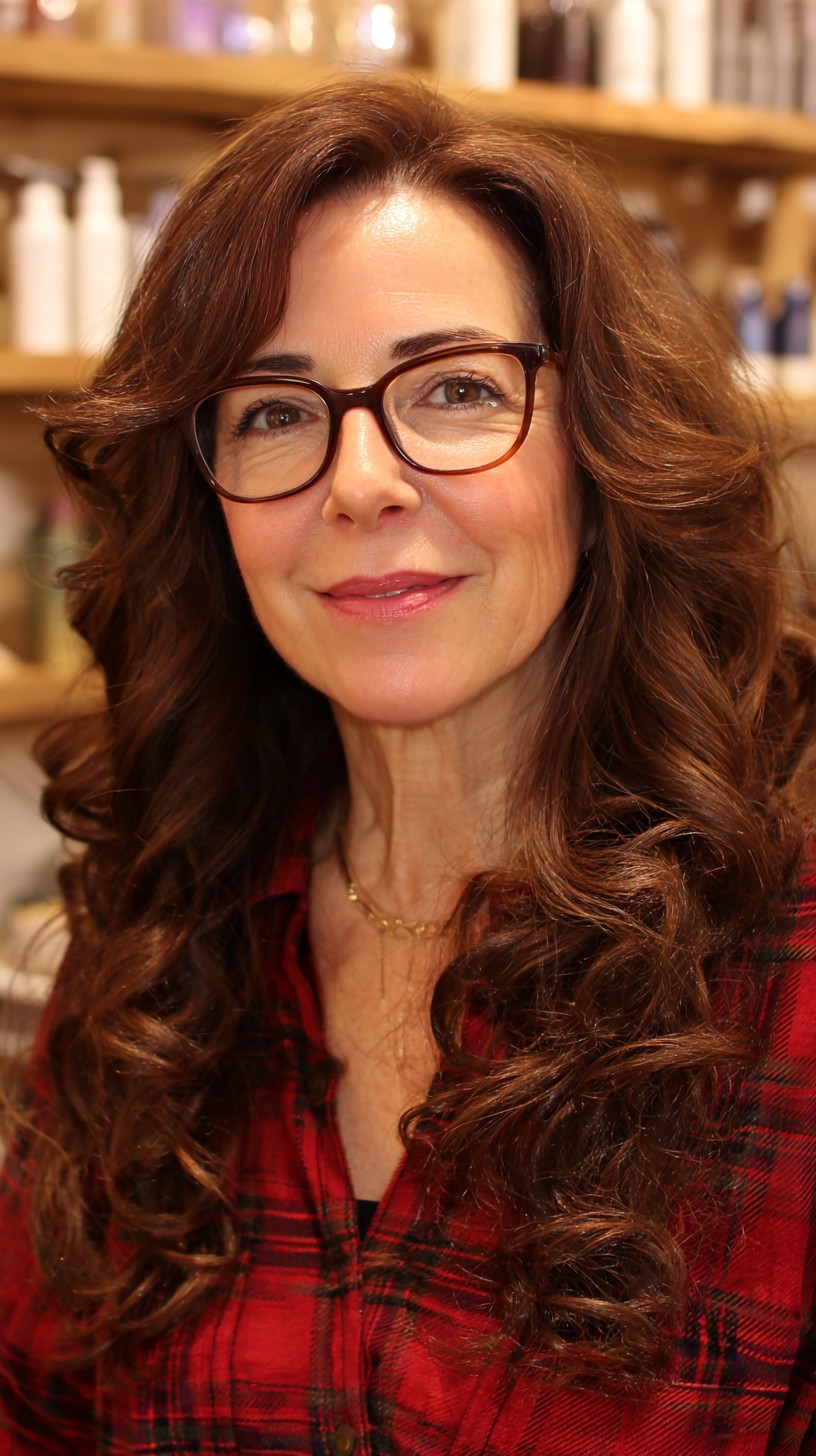 Long Chestnut S-Wave Layers with Glasses-Friendly Face Framing