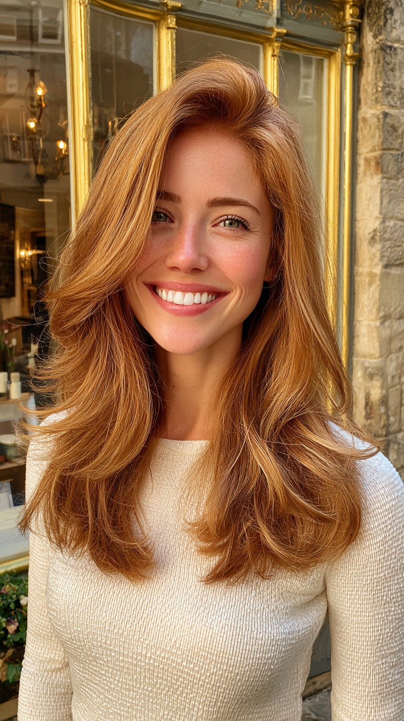 Long Copper Face‑Framing Feathered Layers with Deep Side Part