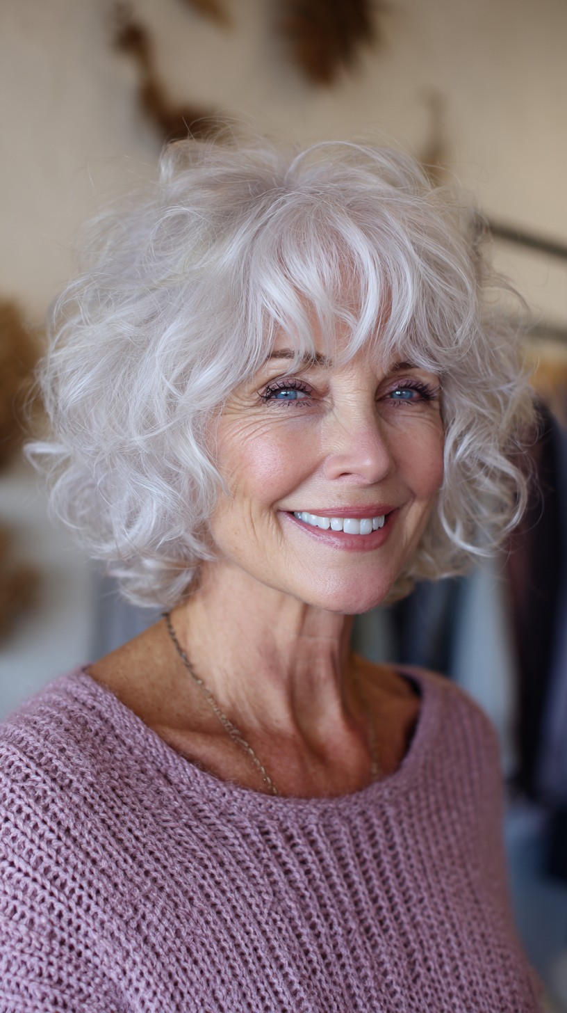Pearly White Curly Layered Bob with Feathered Micro-Bangs