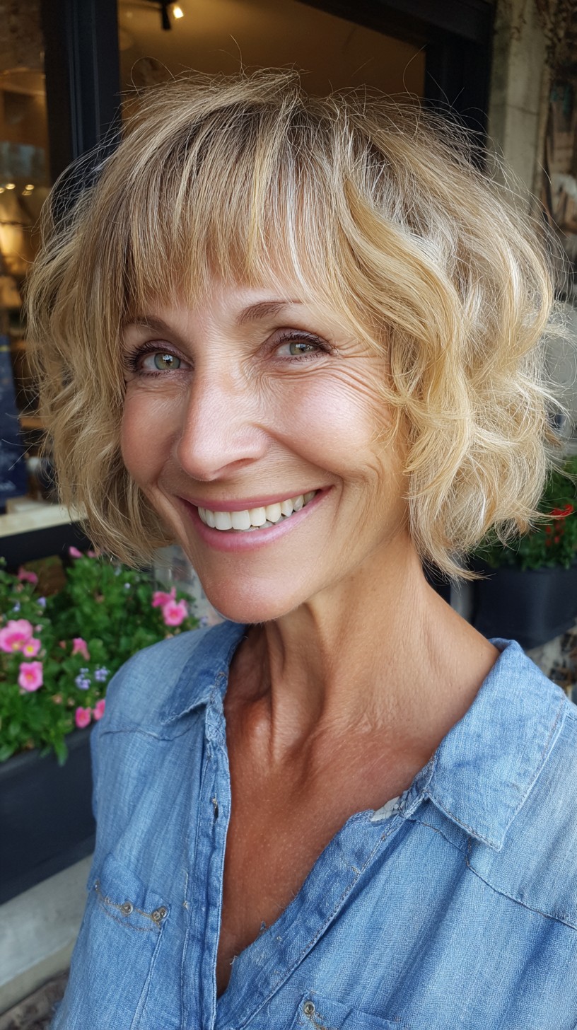 Piecey Sunlit Blonde Chin-Length Bob with Wispy Micro-Fringe