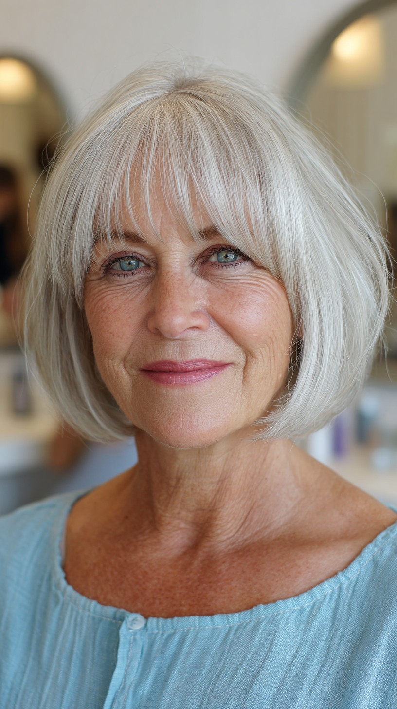 Polished White Chin-Length Layered Bob with Wispy Blunt Fringe
