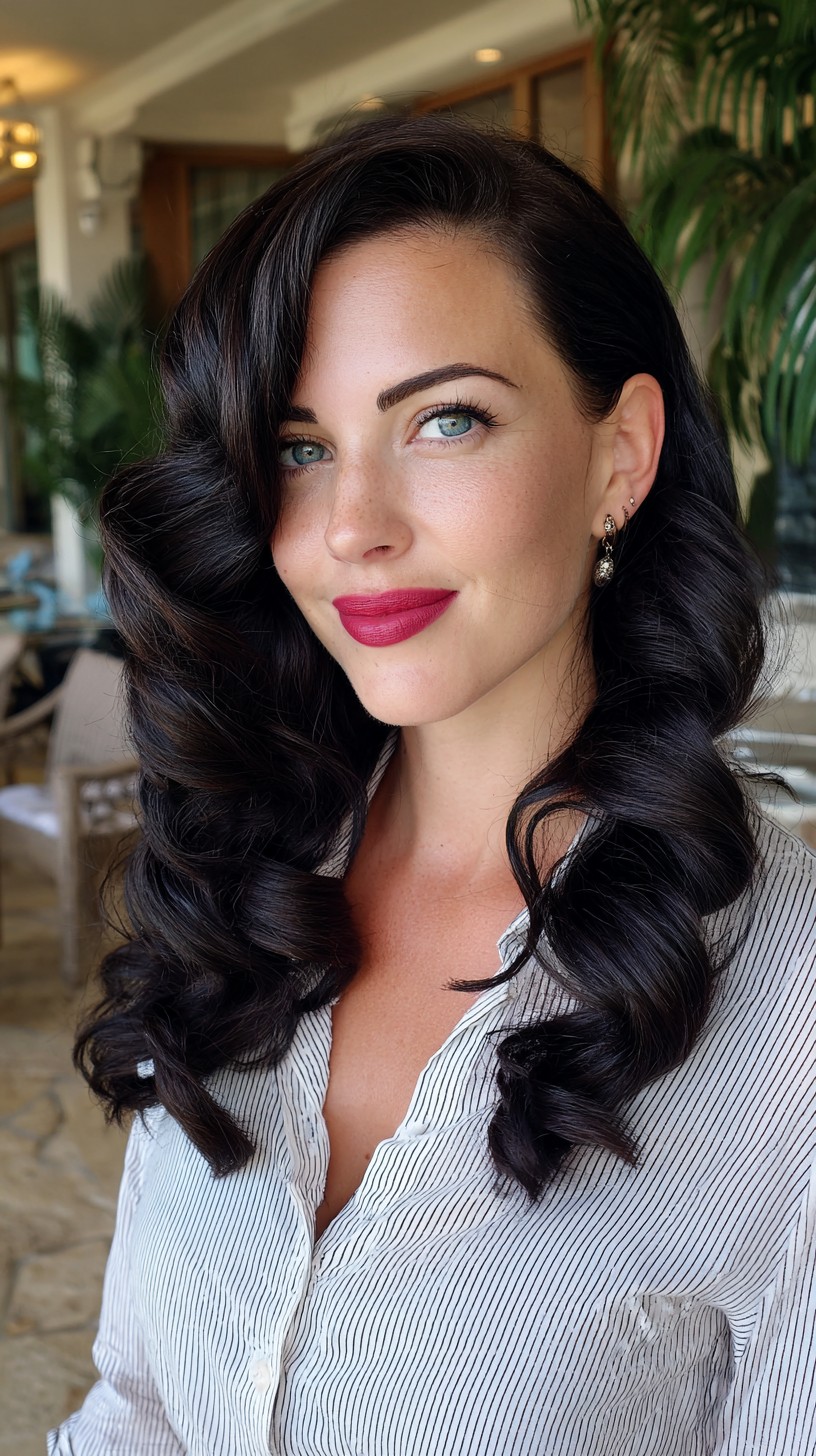 Retro Barrel Waves with Deep Side Part and Long Face‑Framing Layers