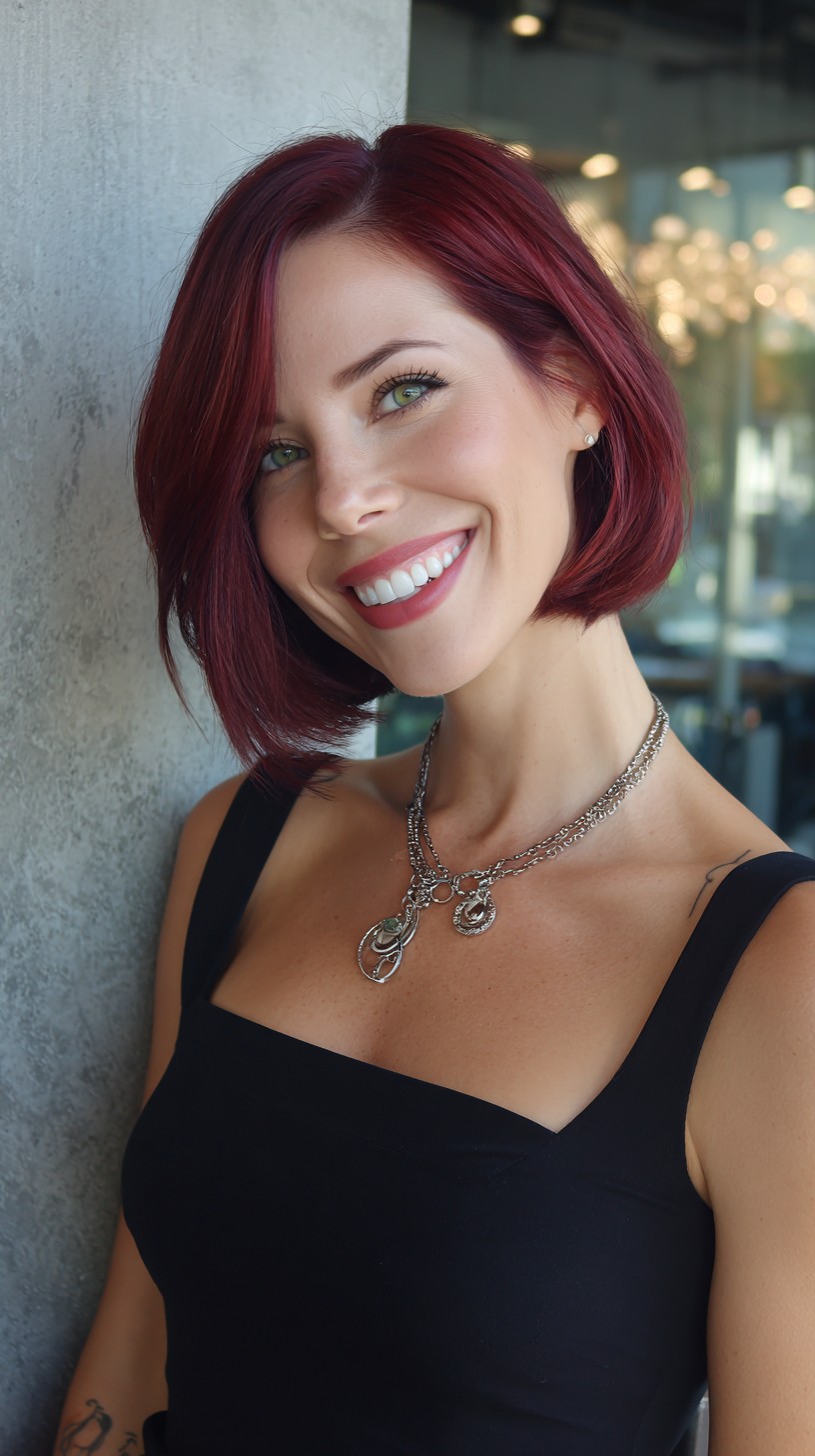 Rich Burgundy Angled Chin-Length Bob with Deep Side Part