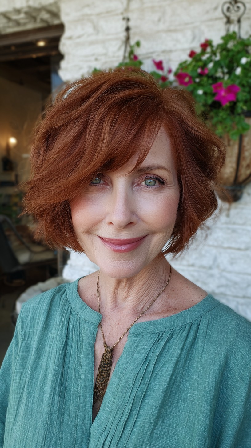 Rich Copper Jaw-Length Shag with Lifted Crown and Long Side Fringe