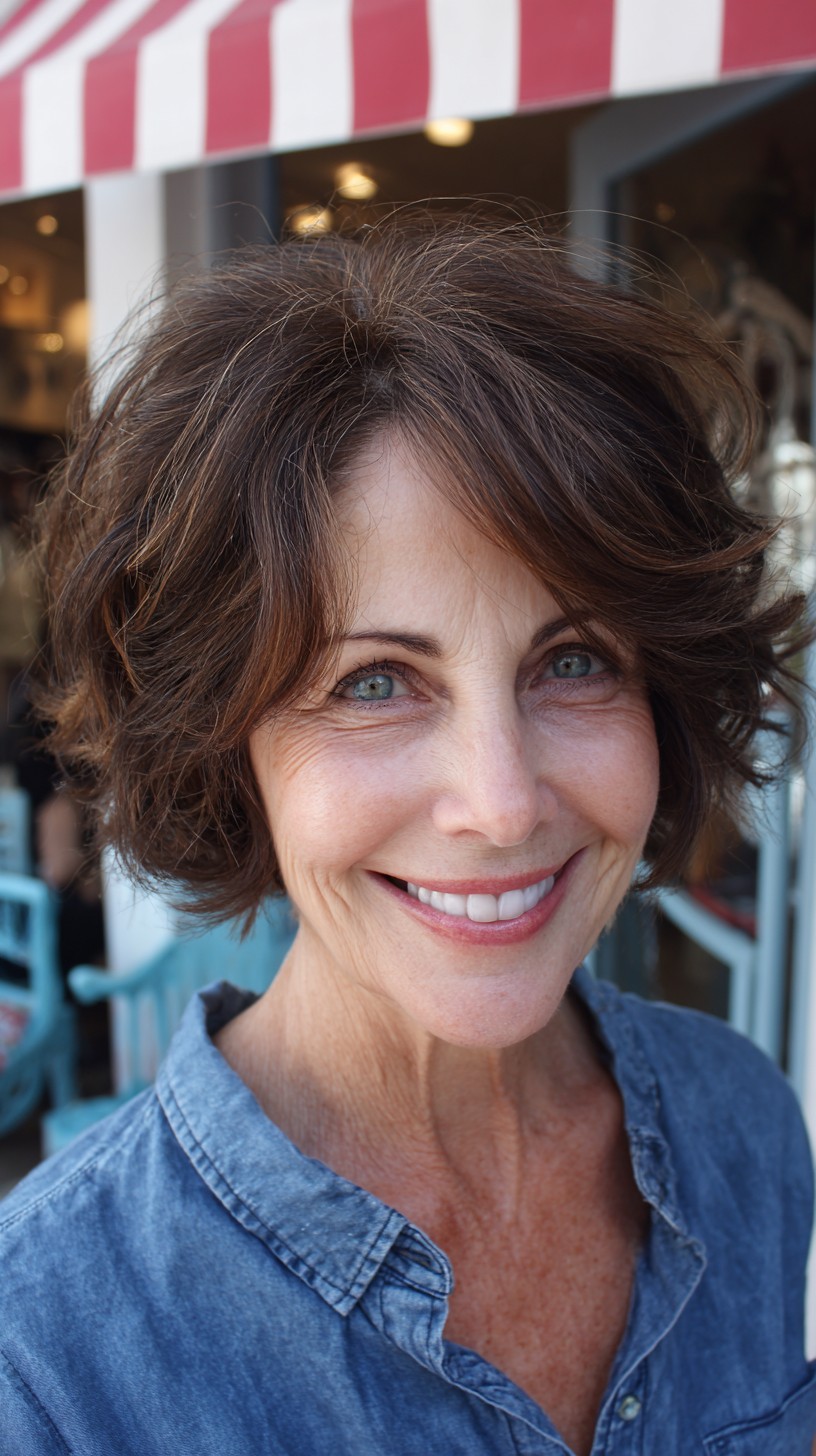 Rooty Brown Textured Chin-Length Layered Bob with Natural Gray Blend