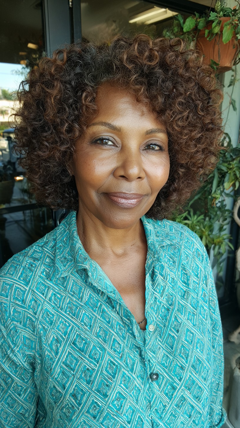 Rounded Copper-Toned Curly Crop with Face-Framing Layers