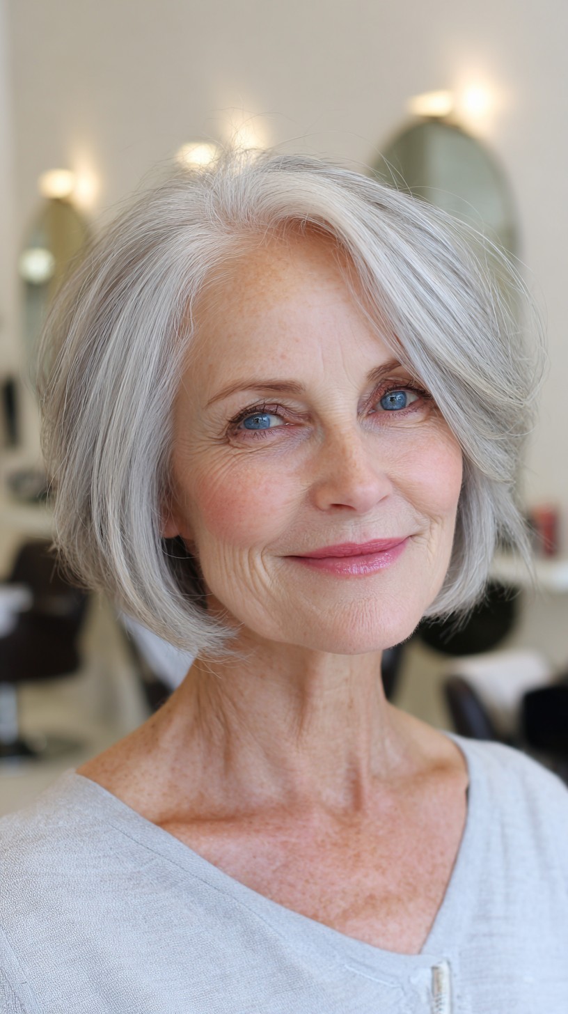Rounded Silver Chin-Grazing Layered Bob with Subtle Crown Whorl Lift