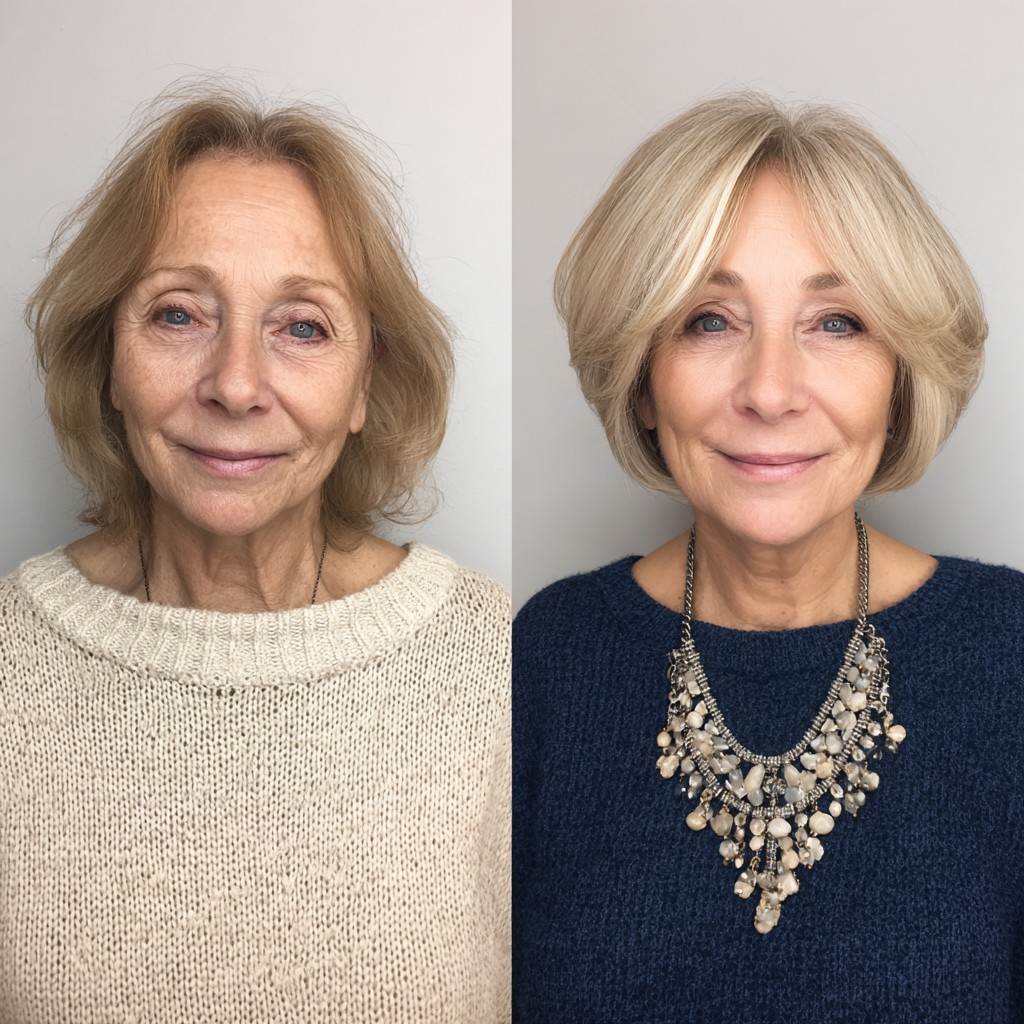 Sculpted Ash-Blonde Stacked Chin-Length Bob with Curtain Face-Framing
