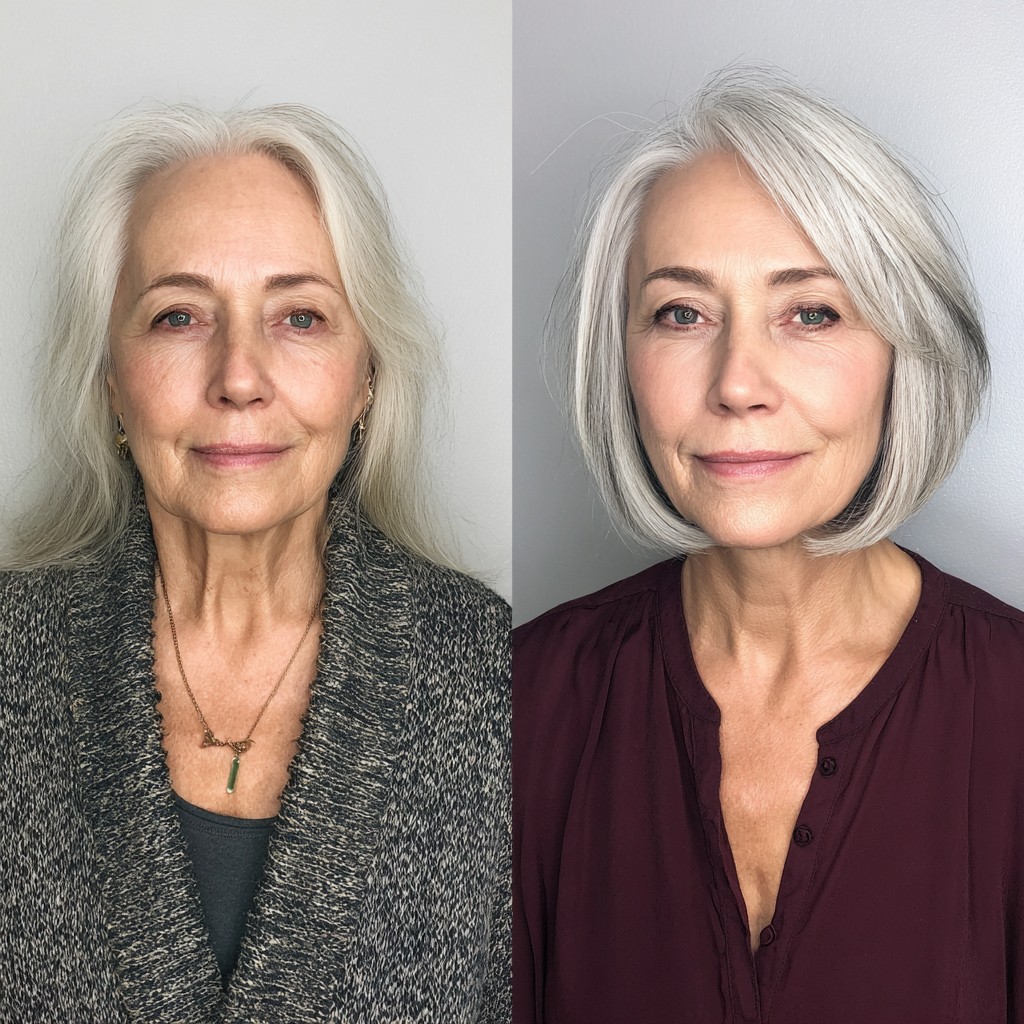 Sculpted Chin-Length Angled Bob with Deep Side Part and Interior Graduation
