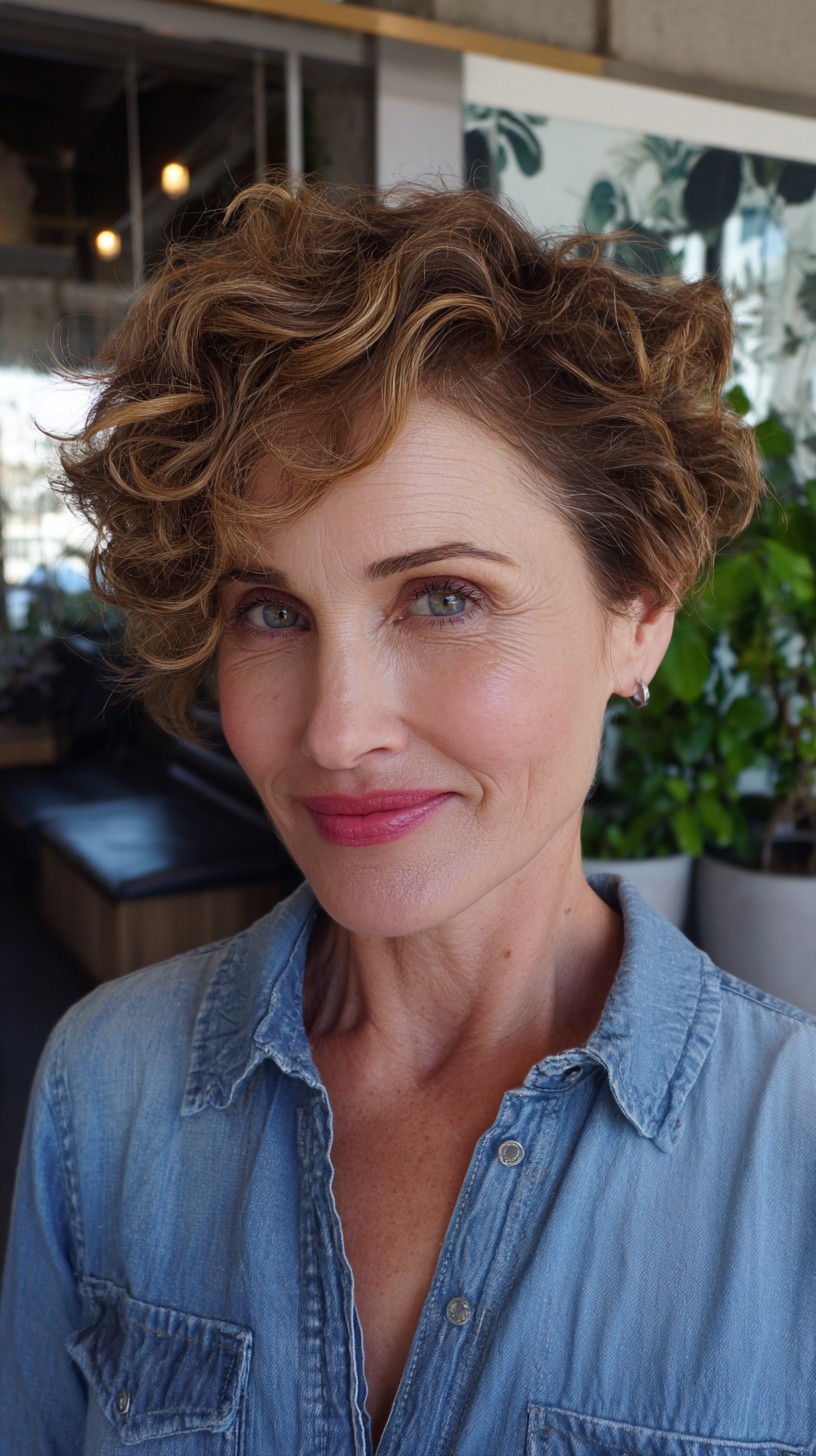 Short Curly Asymmetrical Pixie with Face-Framing Highlights