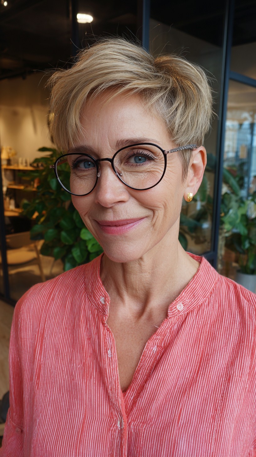 Short Feathered Blonde Pixie with Long Side-Swept Fringe