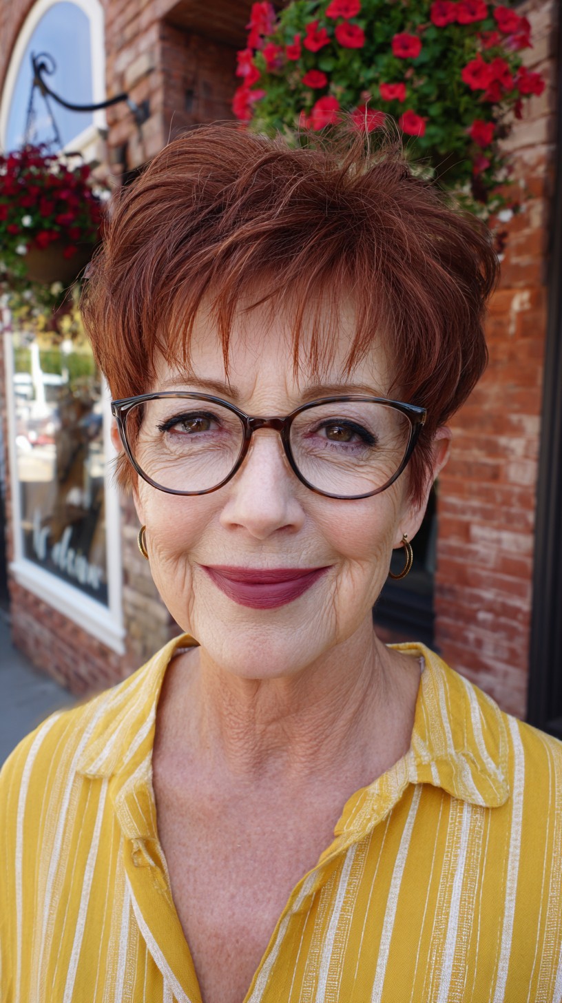Short Textured Auburn Pixie with Soft Micro-Bangs and Glasses