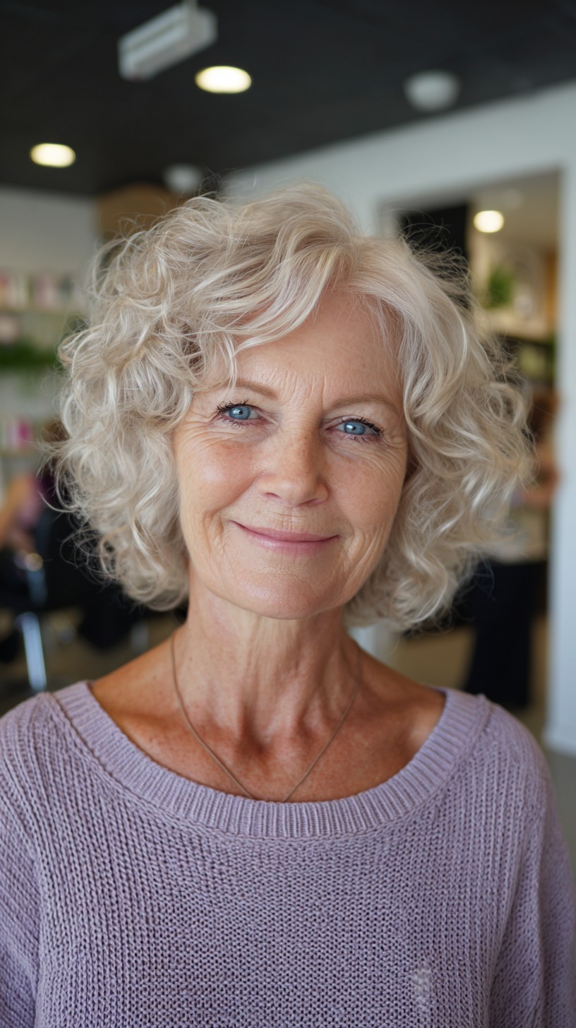 Silver Curly Stacked Bob with Soft Curtain Fringe