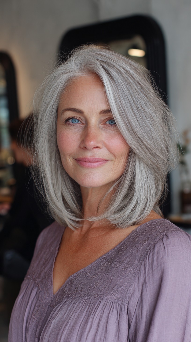 Silver Shoulder-Length Lob with Rounded Face-Framing Layers