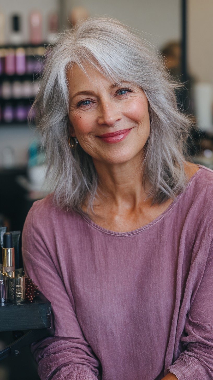 Silver Textured Lob with Face-Framing Side Fringe