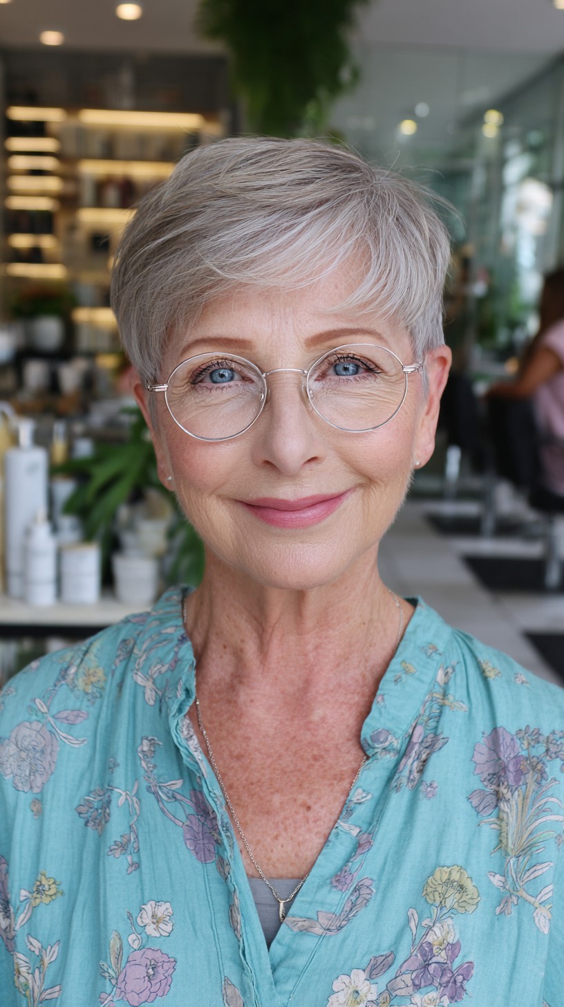 Silver Textured Pixie with Side-Swept Fringe and Round Glasses