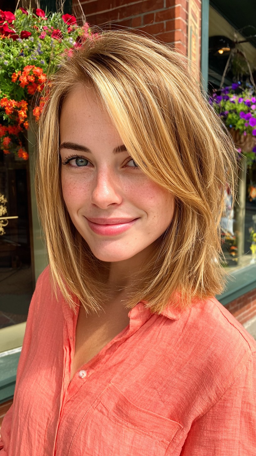 Soft Blonde Layered Shoulder-Length Lob with Deep Side Part