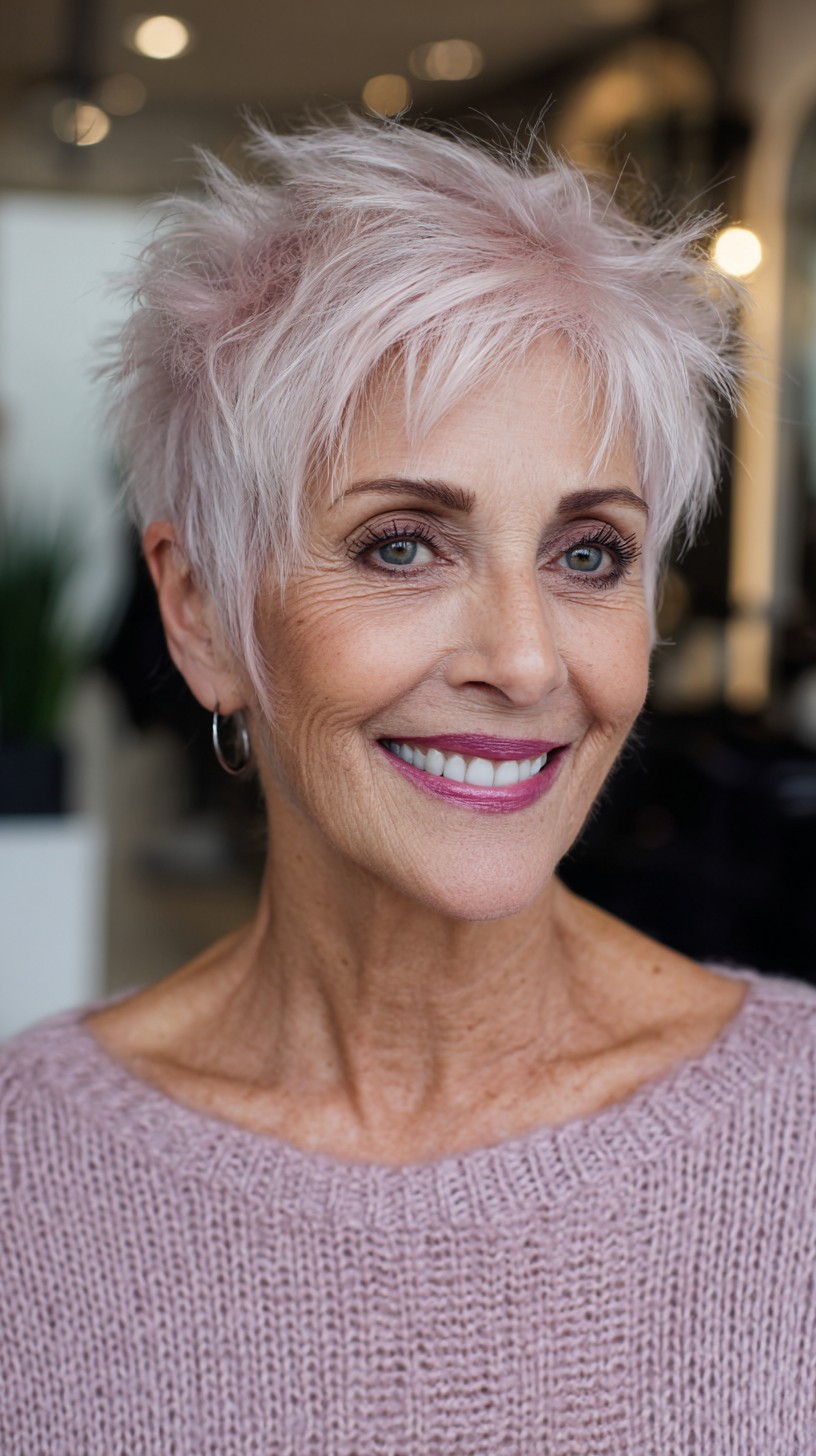 Soft Blush Rose Textured Pixie with Micro Fringe
