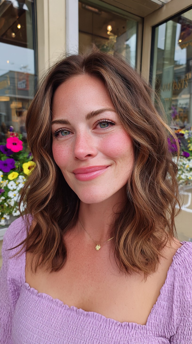 Soft Chocolate Balayage Shoulder-Grazing Waves with Root Shadow