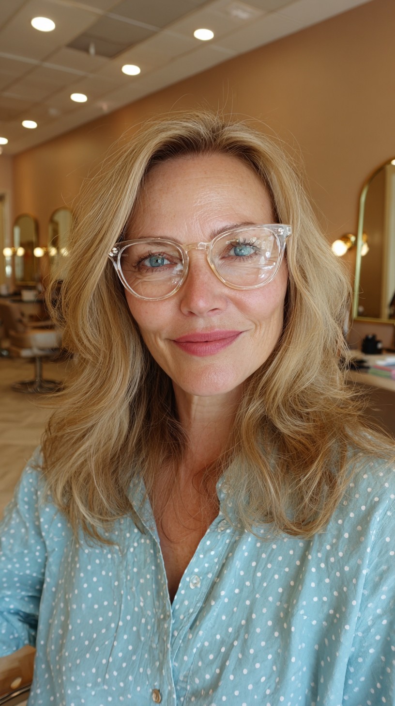 Soft Face-Framing Shoulder-Length Layers with Clear Acetate Frames