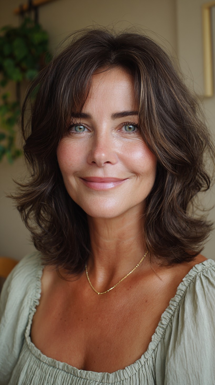 Soft Layered Shoulder-Length Lob with Curtain Bangs