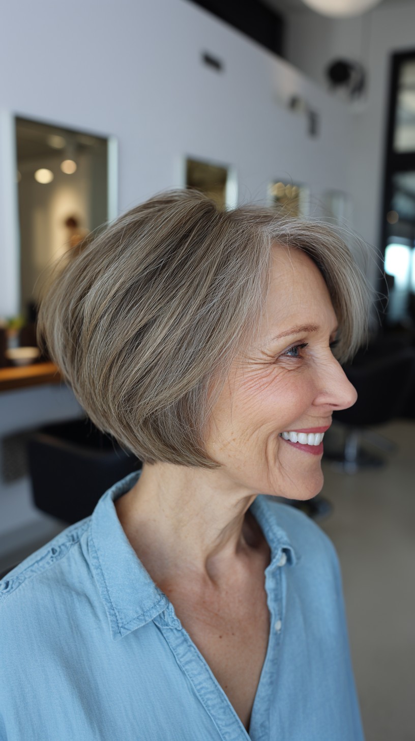 Soft Rounded Stacked Bob with Beige-Silver Root Melt