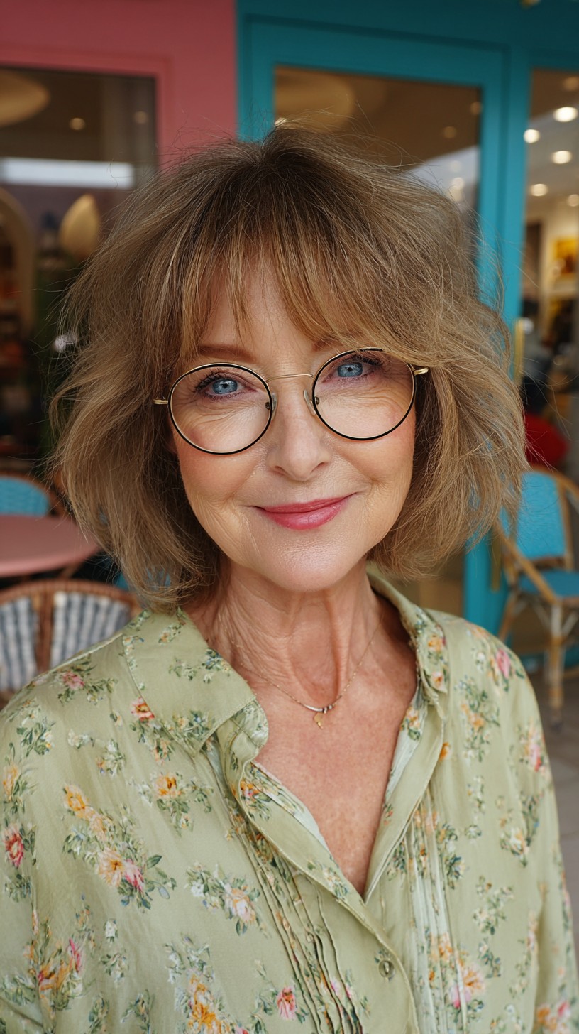 Soft Shoulder-Grazing Layered Bob with Feathered Curtain Fringe and Glasses