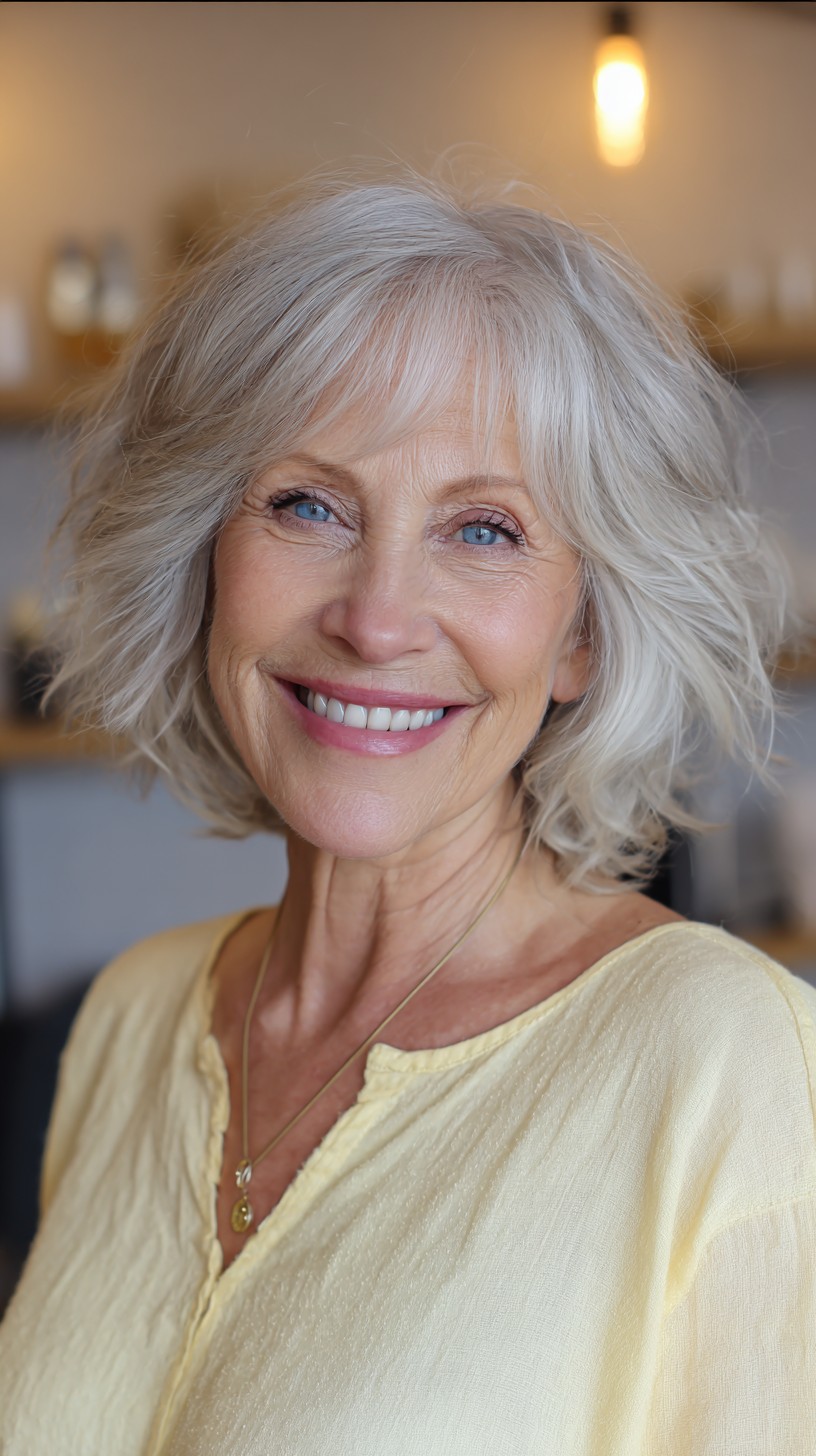 Soft Silver Beachy Layered Bob with Feathered Side Fringe