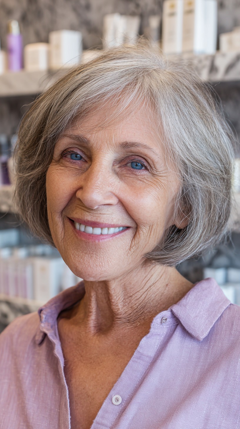 Soft Silver Chin-Grazing Bob with Feathered Perimeter and Stacked Nape