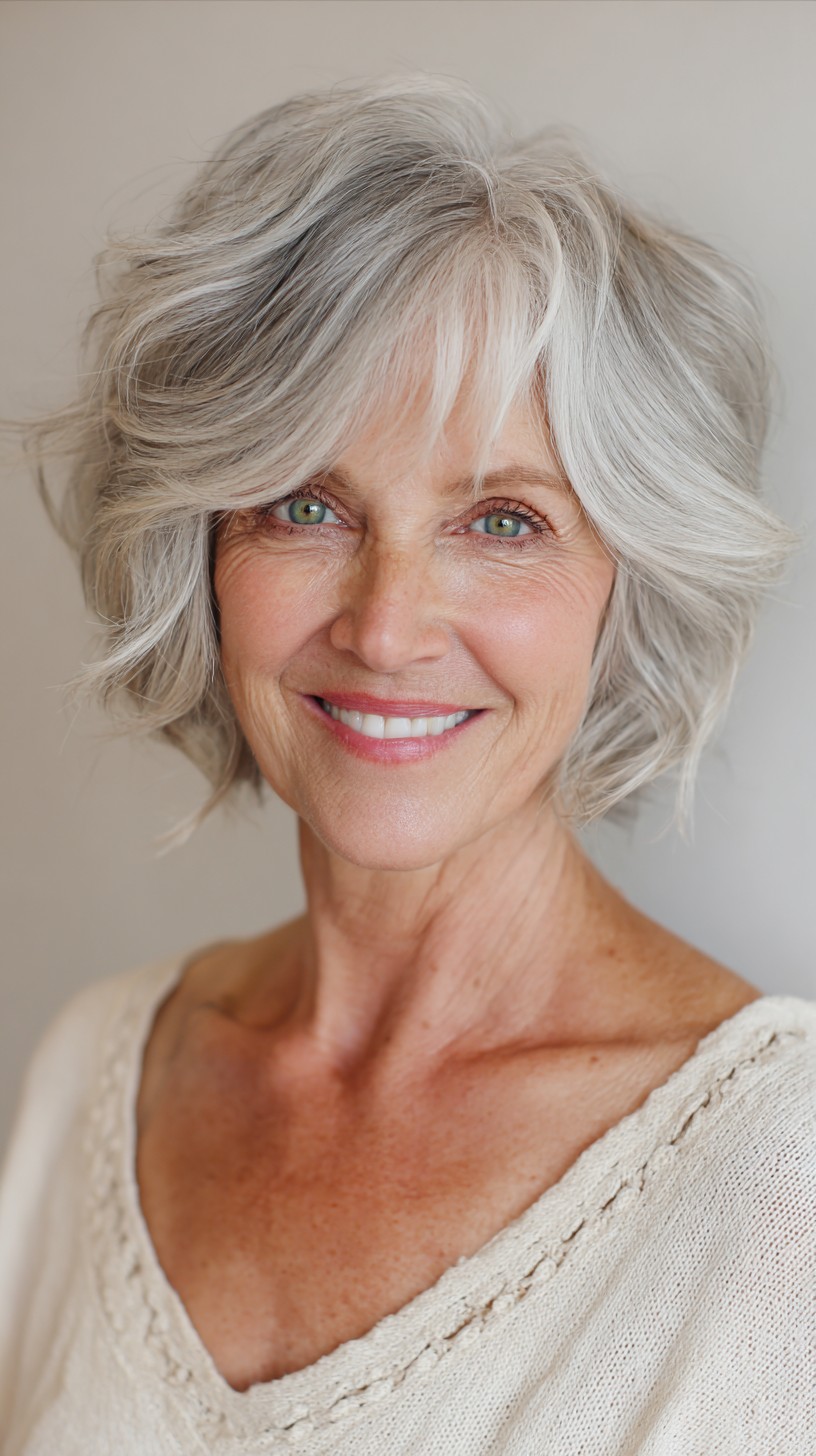 Soft Silver Chin-Grazing Layered Bob with Feathered Temple Tuck