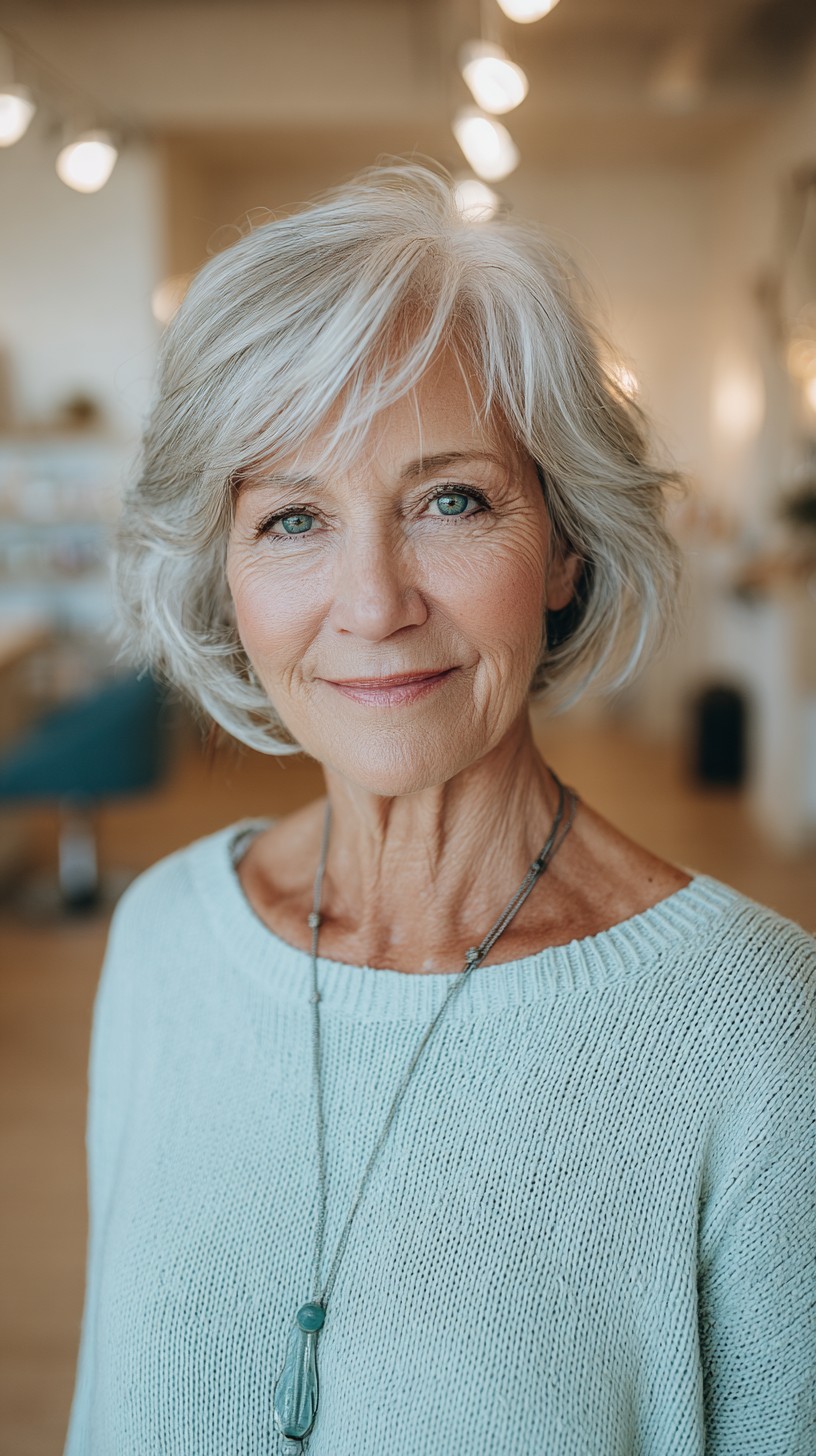 Soft Silver Chin-Length Layered Bob with Airy Side-Swept Fringe
