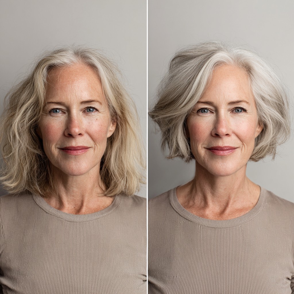 Soft Silver Chin-Length Layered Bob with Voluminous Side Sweep