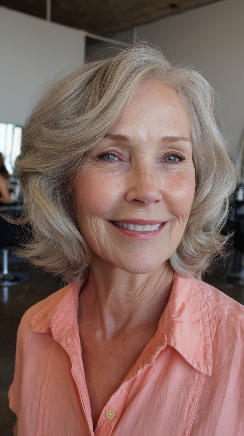 Soft Silver Face-Framing Layered Bob with Feathered Curtain Sweep