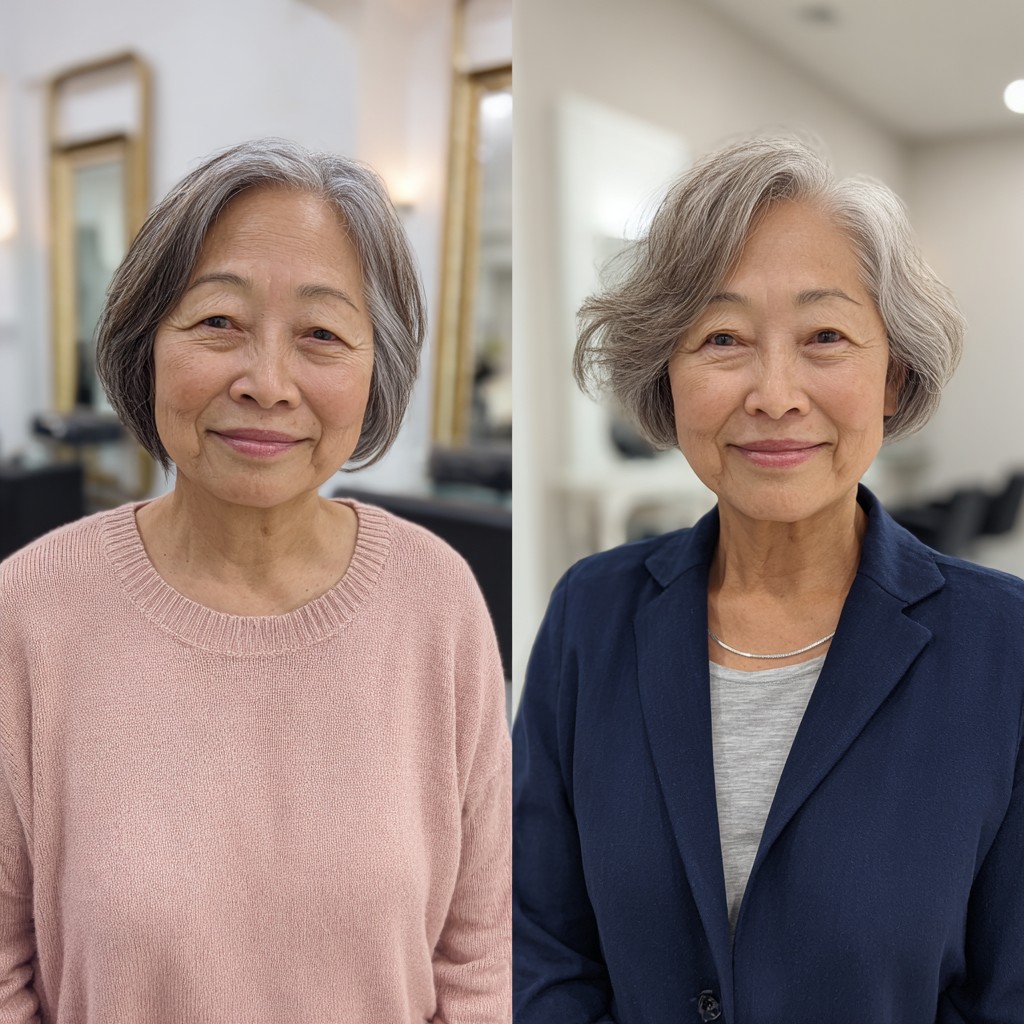 Soft Silver Side-Swept Graduated Bob with Lifted Crown
