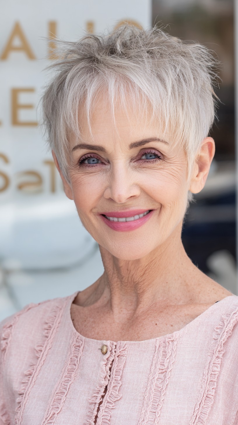 Soft Silver Textured Pixie with Micro Fringe and Lifted Crown