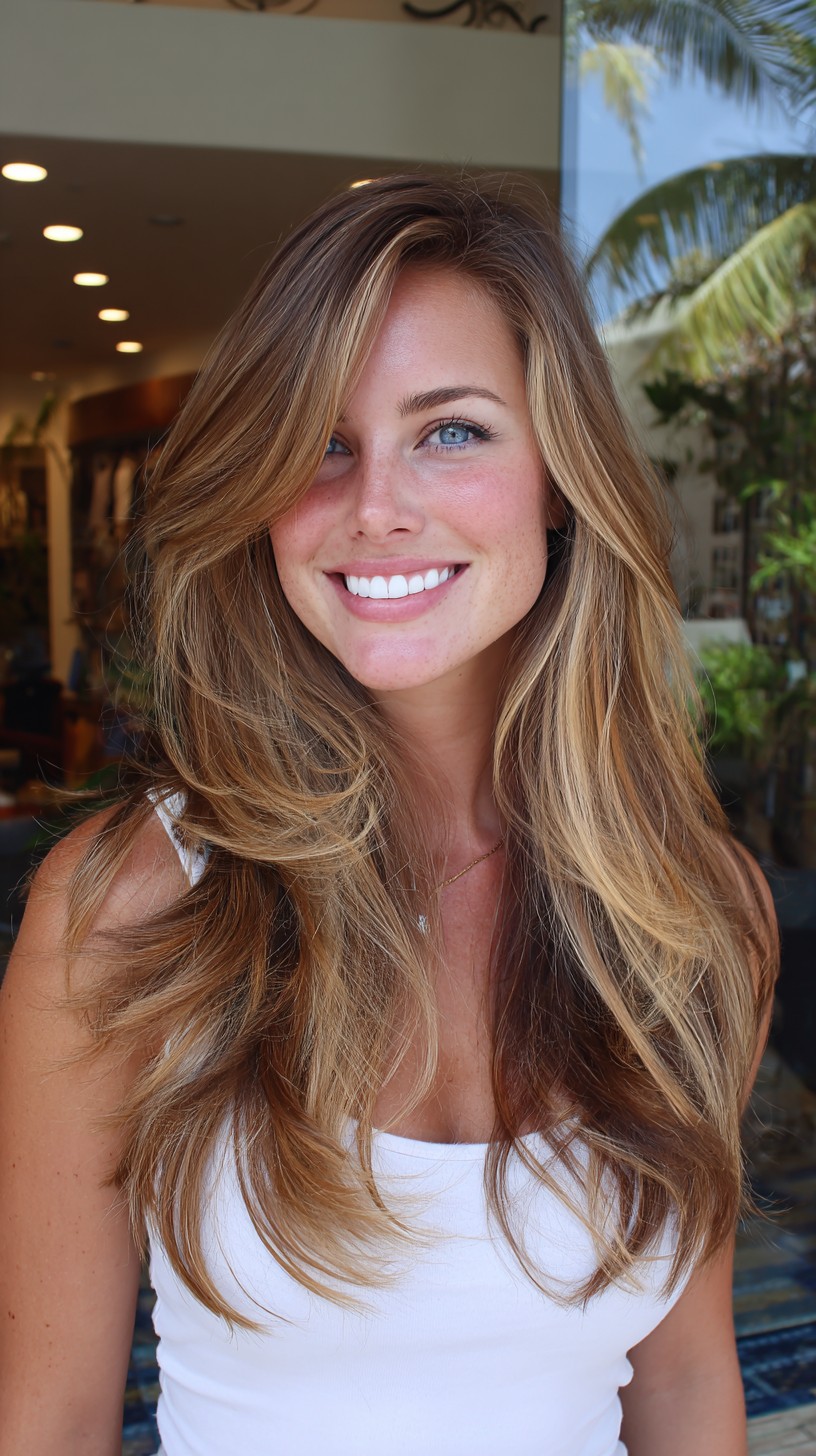 Sun-Kissed Feathered Long Layers with Deep Side Part