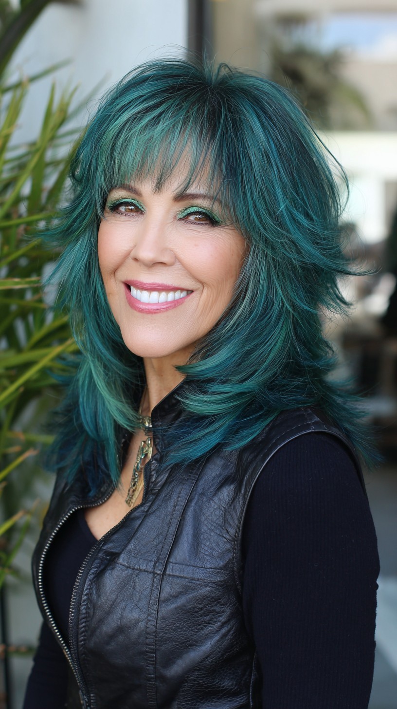 Teal Feathered Mid-Length Shag with Wispy Curtain Bangs