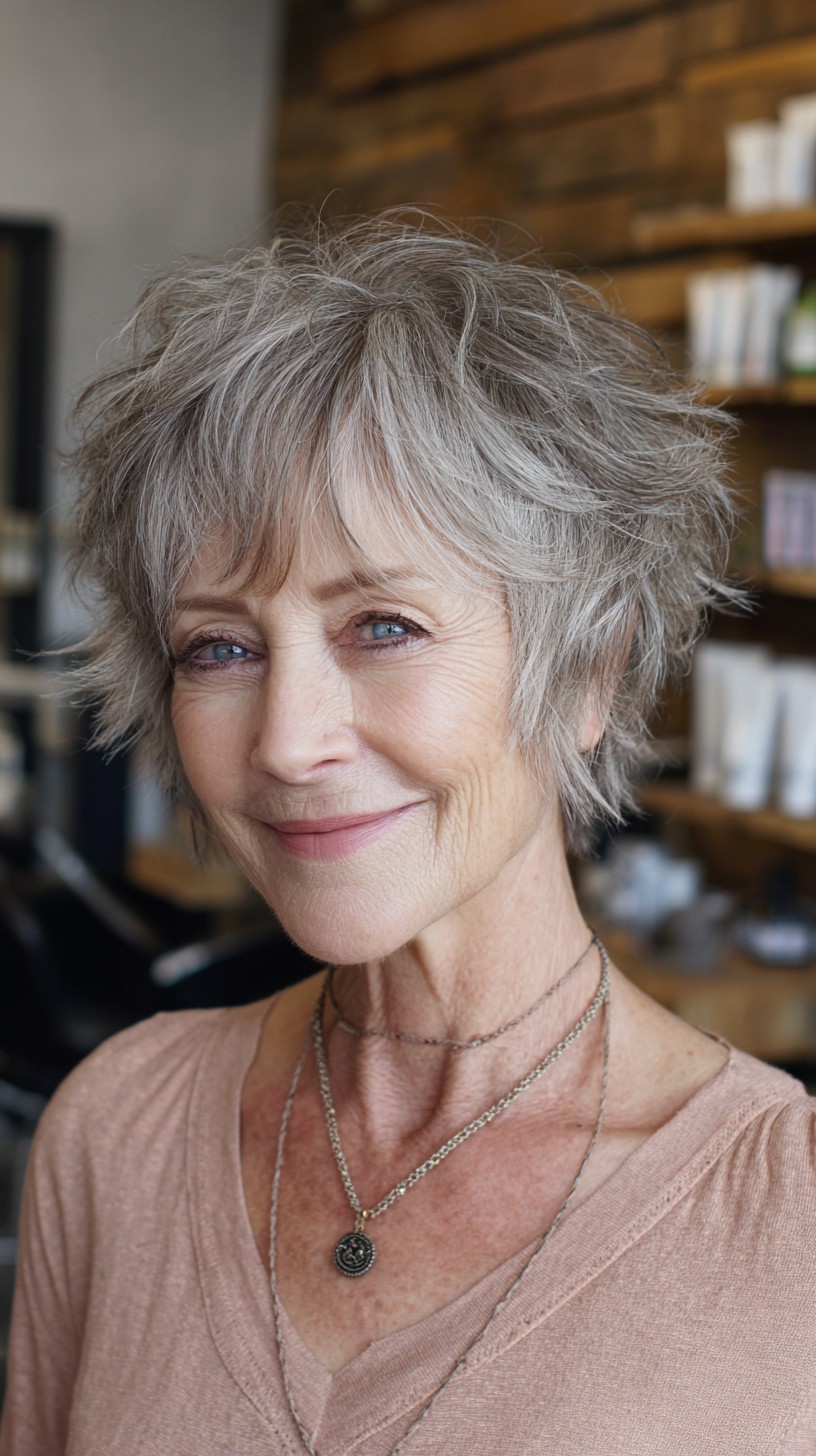 Textured Ash-Silver Choppy Pixie Bob with Feathered Crown