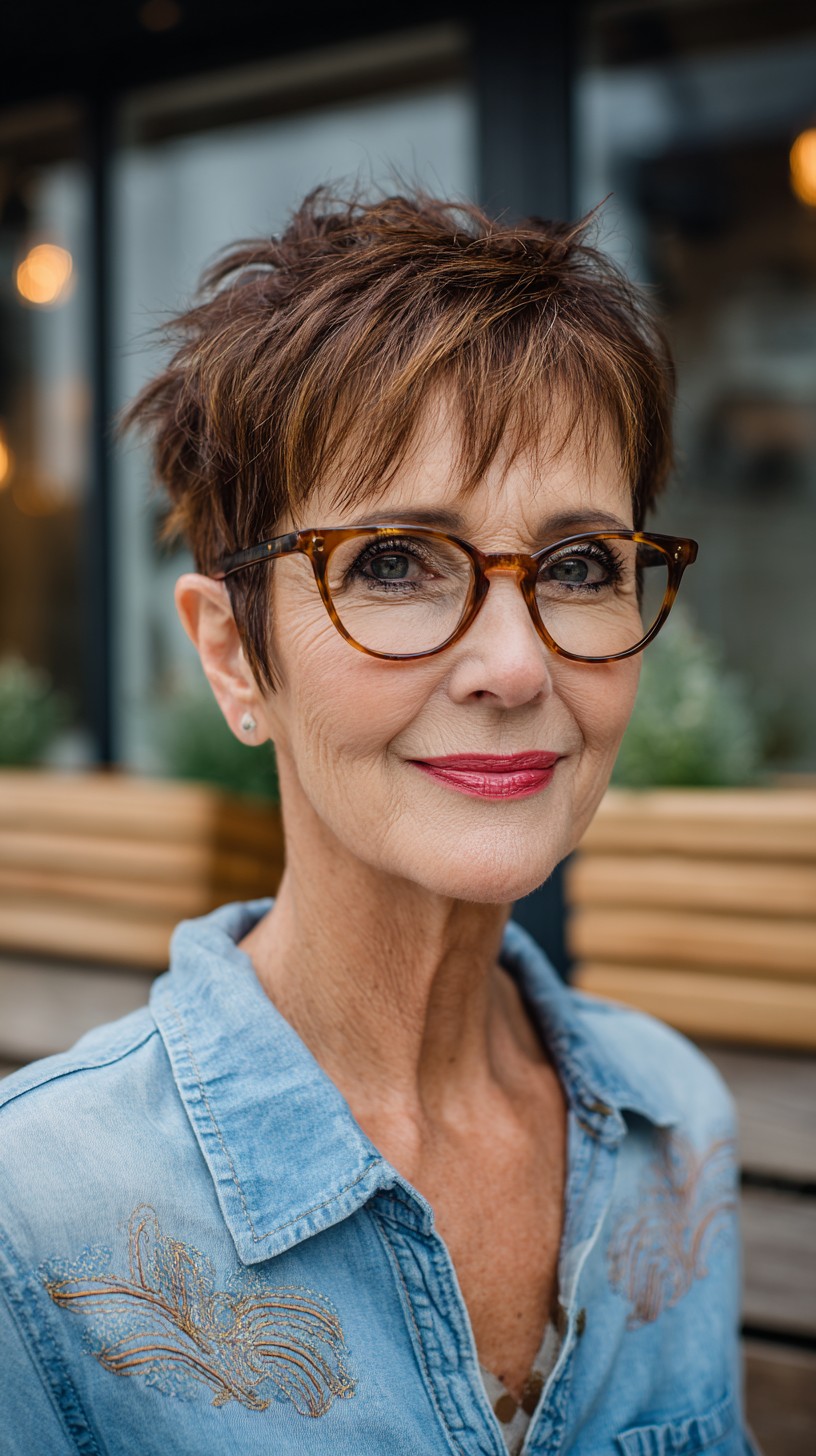 Textured Chestnut Pixie with Wispy Fringe and Tortoiseshell Glasses
