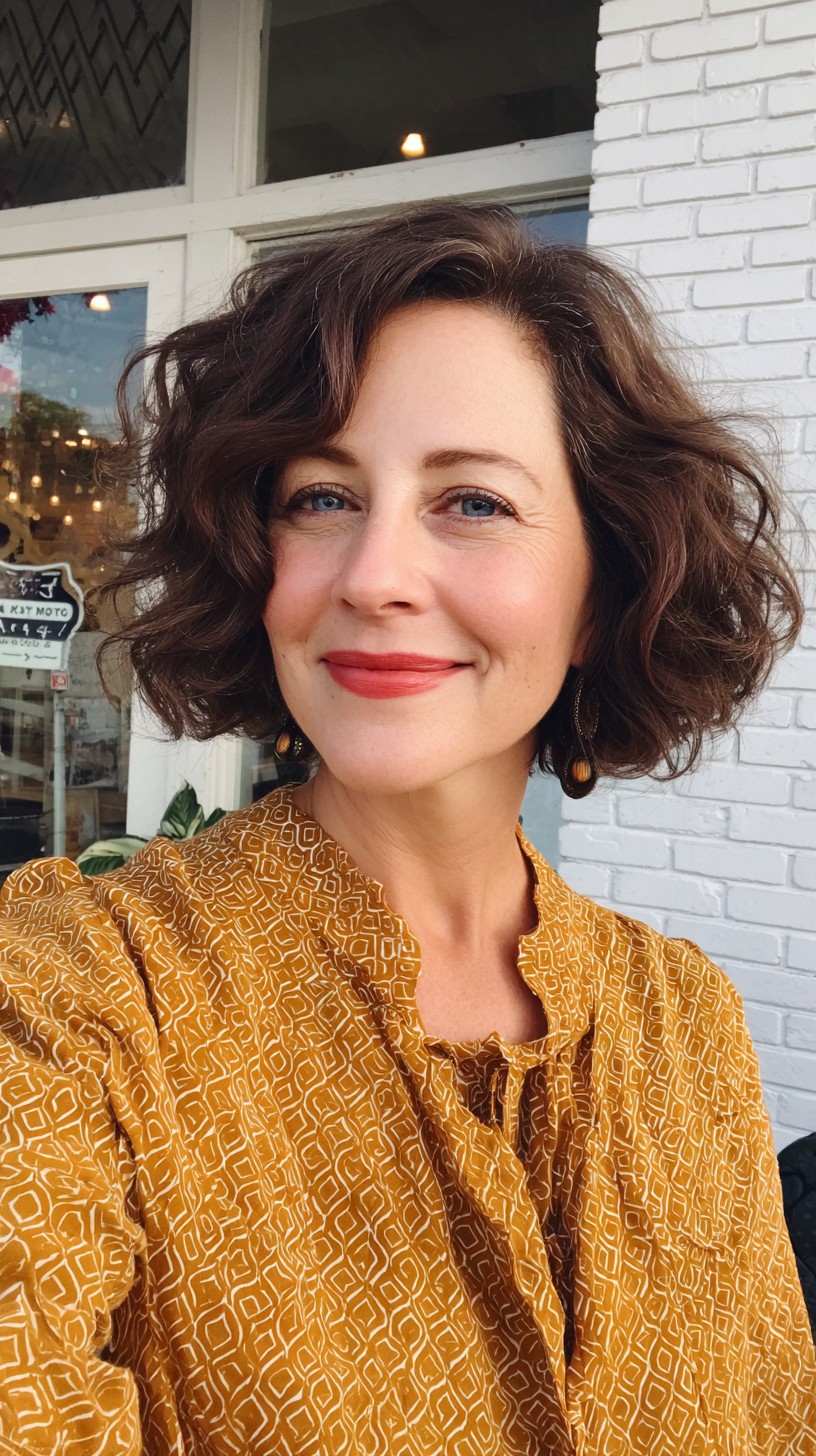 Textured Chin-Length Curly Bob with Side-Swept Swoop