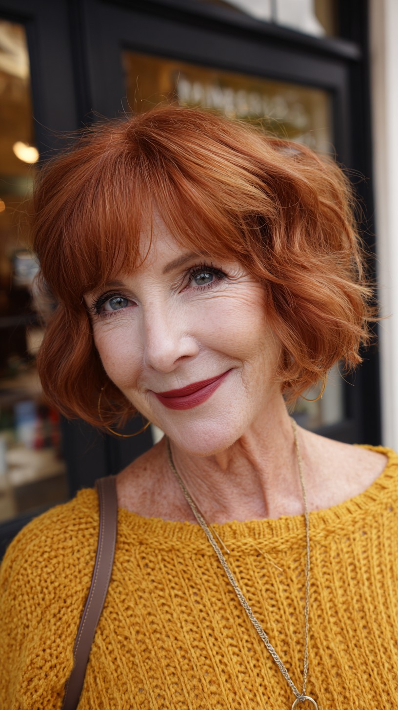 Textured Copper Chin-Length Bob with Side-Swept Fringe