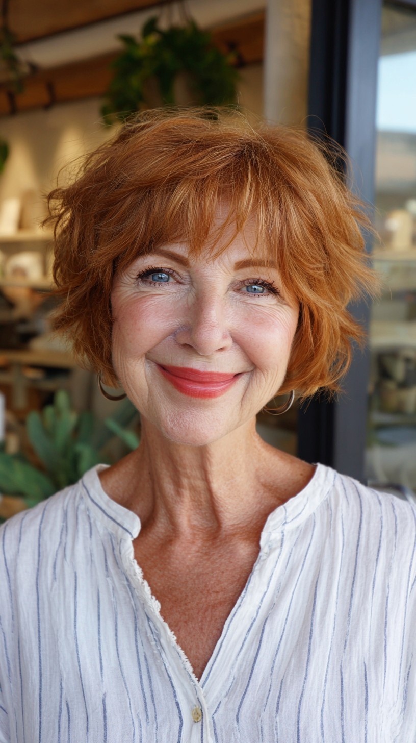 Textured Copper Layered Chin-Length Bob with Micro Fringe