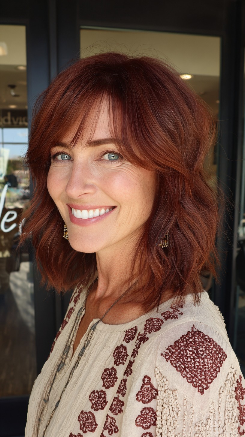 Textured Copper Lob with Wispy Micro-Bangs
