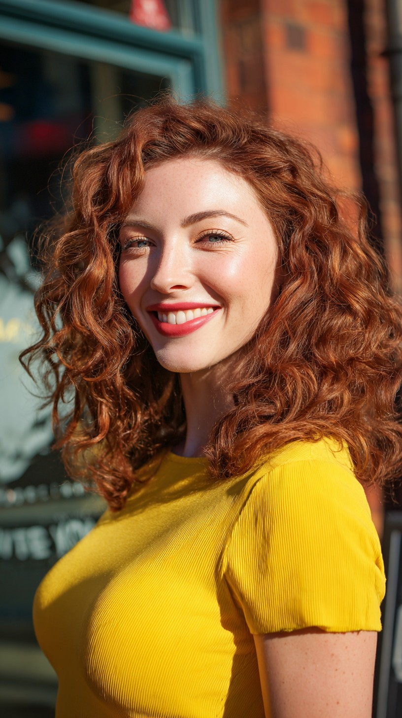 Textured Copper Shoulder-Length Curls with Deep Side Part