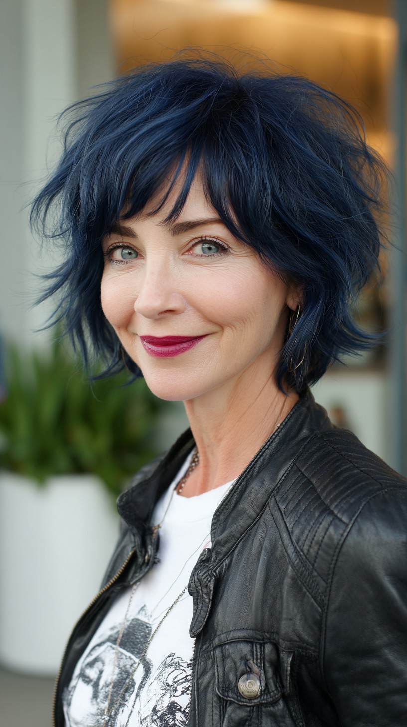 Textured Navy Shag Pixie with Wispy Micro-Bangs