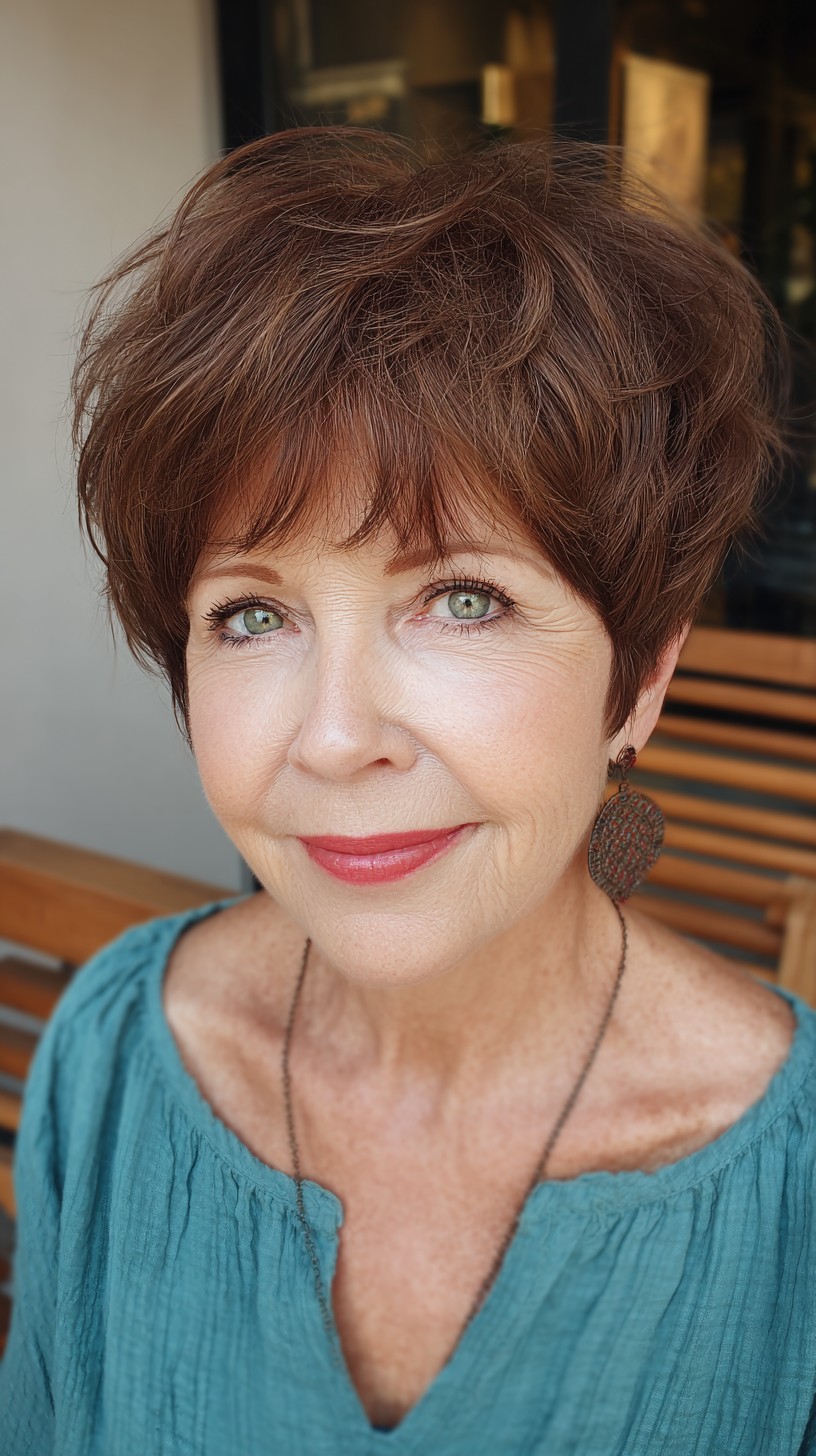 Textured Short Pixie with Lifted Crown and Piecey Brow-Grazing Fringe