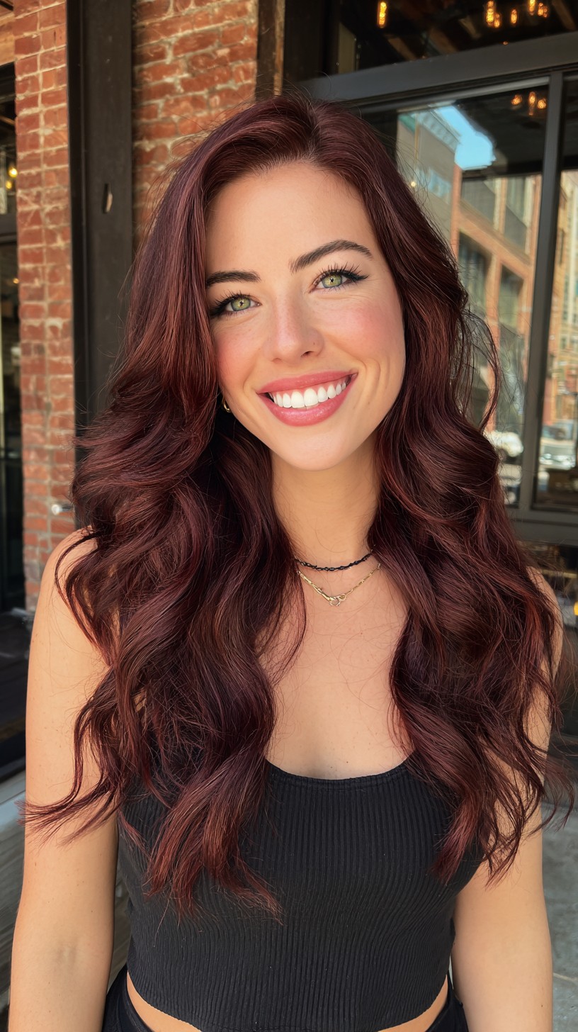 Voluminous Burgundy Waves with Deep Side Part