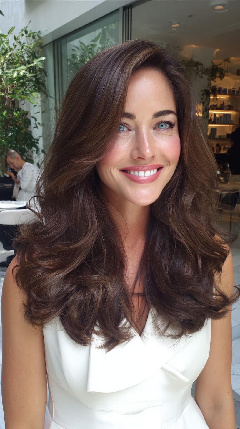 Voluminous Chestnut Long Layers with Face-Framing Babylights