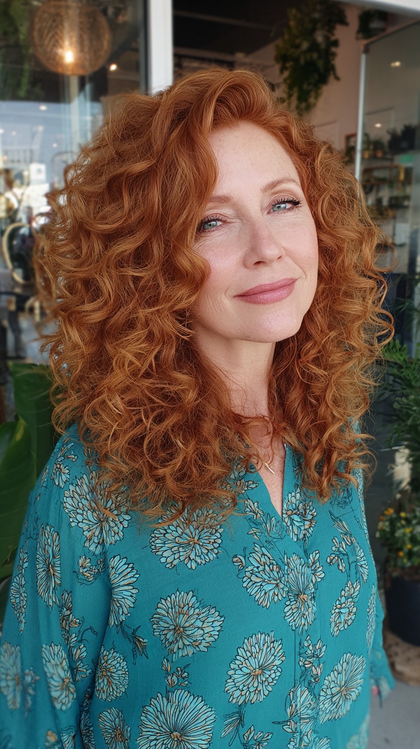 Voluminous Copper Ringlet Collarbone Cut with Lifted Side Part
